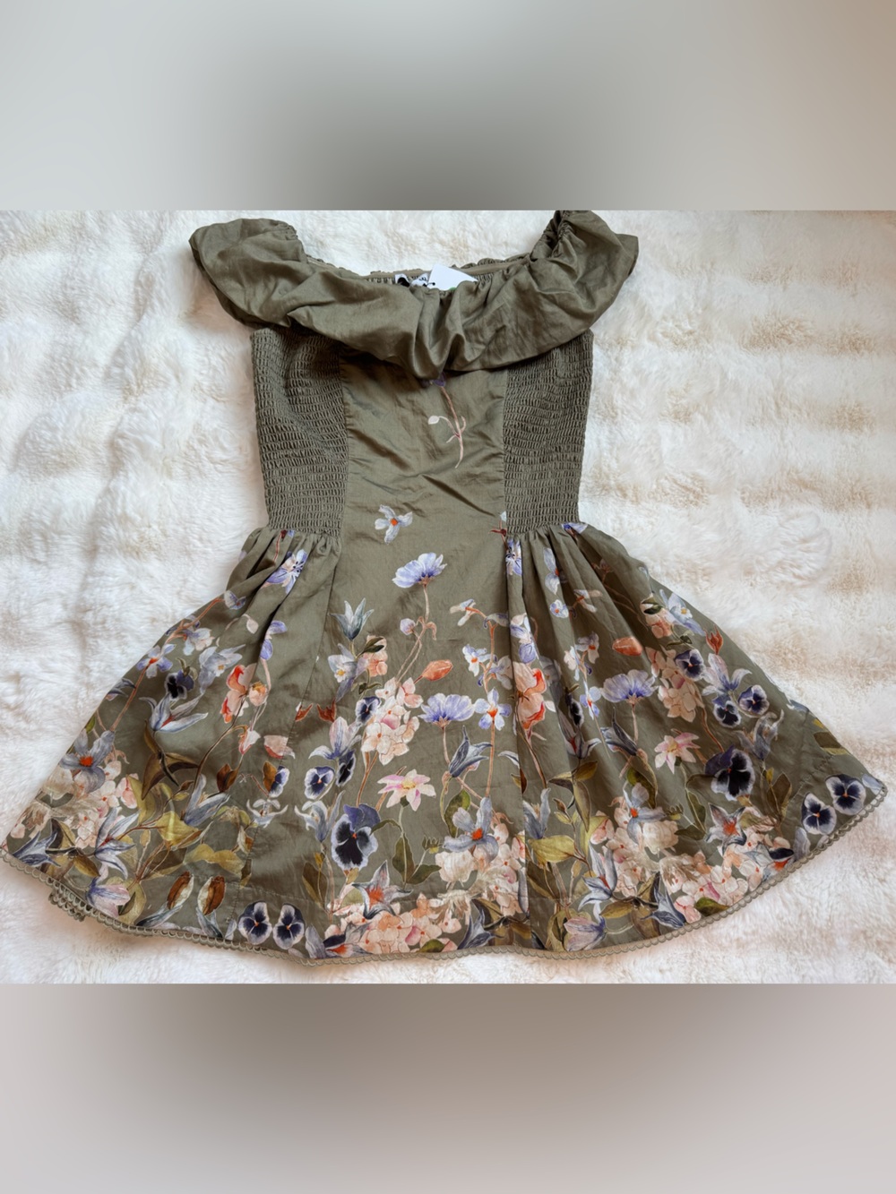 En Saison Floral Off Shoulder Smocked Mini Dress Sage Green Cottagecore S